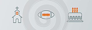 Set line Cake with burning candles, Church building and American Football ball icon. Vector