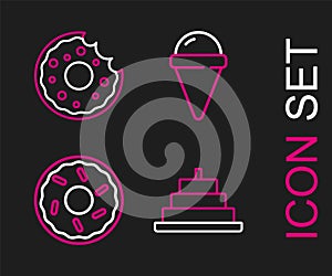 Set line Cake with burning candles, Donut, Ice cream waffle cone and icon. Vector