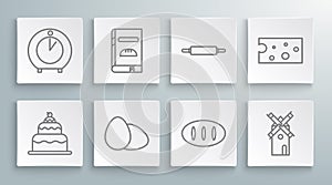 Set line Cake, Cookbook, Chicken egg, Bread loaf, Windmill, Rolling pin, Cheese and Kitchen timer icon. Vector