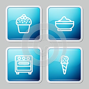 Set line Cake, Flour bowl, Oven and Ice cream in waffle cone icon. Vector