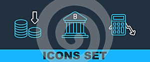 Set line Calculation of expenses, Dollar rate decrease and Bank building icon. Vector