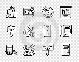 Set line Calculation of expenses, Prison cell door, Dollar rate decrease, Global economic crisis, Fire in burning house