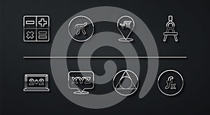 Set line Calculator, Chalkboard, Drawing compass, Triangle math, XYZ Coordinate system, Pi symbol, Function mathematical