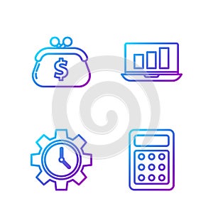 Set line Calculator, Time Management, Wallet with dollar and Laptop with graph chart. Gradient color icons. Vector