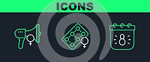 Set line Calendar with 8 March, Feminist activist and Packaging of birth control pills icon. Vector