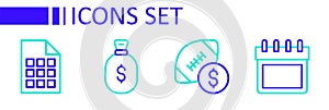 Set line Calendar, American football betting money, Money bag and Lottery ticket icon. Vector