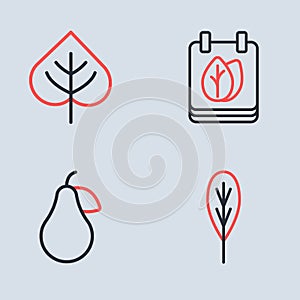 Set line Calendar with autumn leaves, Pear, Leaf and icon. Vector
