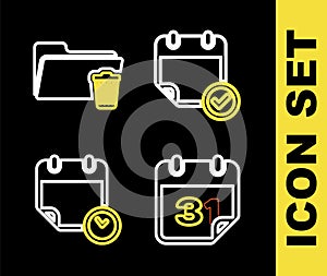 Set line Calendar with check mark, and clock and Delete folder icon. Vector