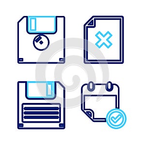 Set line Calendar with check mark, Floppy disk, Delete file document and icon. Vector
