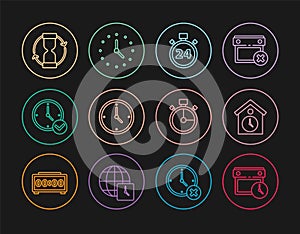 Set line Calendar and clock, Retro wall watch, Stopwatch 24 hours, Clock, Old hourglass, and icon. Vector