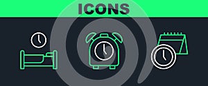Set line Calendar and clock, Time to sleep and Alarm icon. Vector