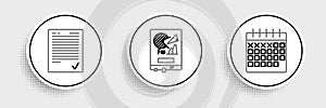 Set line Calendar, Exam sheet with check mark and Board graph chart icon. Vector