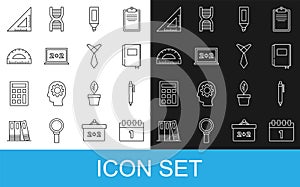 Set line Calendar first september date, Pen, Book, Marker pen, Chalkboard, Protractor, Triangular ruler and Tie icon