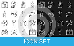 Set line Calendar with heart, Candy, Amour arrow, Chocolate candy, Heart, Wine bottle, Suit and Martini glass icon