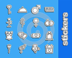 Set line Calendar with heart, Wedding arch, rings, Male gender symbol, Flower, Signpost, Key shape and Female icon