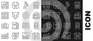 Set line Calendar, Mobile stock trading, Stocks market growth graphs, Hand holding Bitcoin, Bull, Website with, Trading