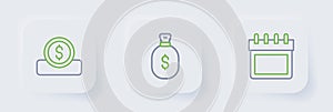 Set line Calendar, Money bag and Coin money with dollar icon. Vector