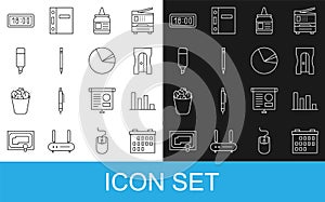 Set line Calendar, Pie chart infographic, Pencil sharpener, Glue, with eraser, Marker, Digital alarm clock and icon