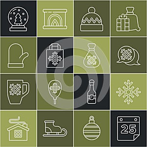 Set line Calendar, Snowflake, speech bubble, Winter hat, Christmas shopping bag, mitten, snow globe and Santa Claus gift
