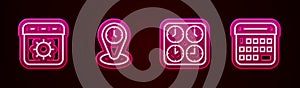 Set line Calendar summer, Time zone clocks, and . Glowing neon icon. Vector