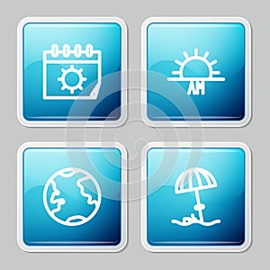 Set line Calendar and sun, Sunrise, Earth globe and protective umbrella for beach icon. Vector