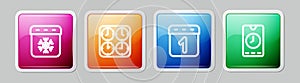 Set line Calendar winter, Time zone clocks, and Alarm app mobile. Colorful square button. Vector