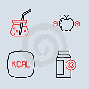 Set line Calorie calculator, Kcal, Lactose intolerance and Fresh smoothie icon. Vector