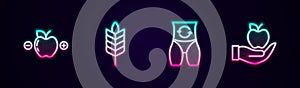 Set line Calorie calculator, Wheat, Metabolism and Apple. Glowing neon icon. Vector