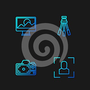 Set line Camera focus frame line, Photo camera, retouching and Tripod. Gradient color icons. Vector photo