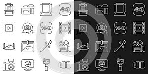 Set line Camera photo lens, Retro cinema camera, film roll cartridge, Empty studio, Photo, focus frame line, and 16 icon