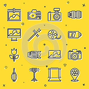 Set line Camera shutter, Photo camera, Battery for, retouching, frame and Film reel icon. Vector