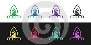 Set line Campfire icon isolated on black and white background. Burning bonfire with wood. Vector