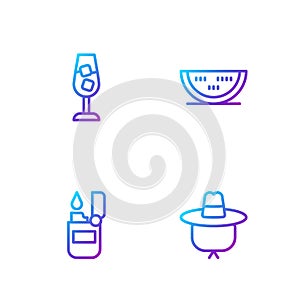 Set line Camping hat, Lighter, Wine glass and Watermelon. Gradient color icons. Vector