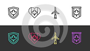 Set line Canada flag on shield, Heart shaped, Wind turbine and Pennant of on black and white. Vector