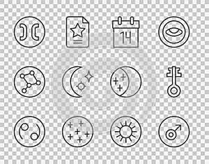 Set line Cancer zodiac, Mars symbol, Calendar, Full moon, Pisces, Moon and stars, Sun and Old magic key icon. Vector