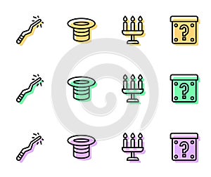 Set line Candlestick, Magic wand, hat and Mystery box icon. Vector