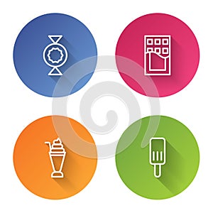 Set line Candy, Chocolate bar, Milkshake and Ice cream. Color circle button. Vector