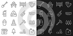 Set line Canister fuel, Forest, Fire exit, hose reel, Campfire, extinguisher, shovel and Walkie talkie icon. Vector