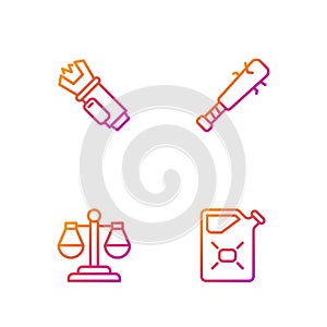 Set line Canister fuel, Scales of justice, Police electric shocker and Baseball bat with nails. Gradient color icons