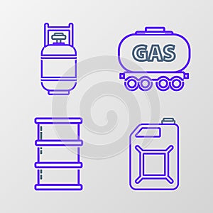 Set line Canister for gasoline, Barrel oil, Gas railway cistern and Propane tank icon. Vector