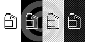 Set line Canister for motor machine oil icon isolated on black and white,transparent background. Oil gallon. Oil change