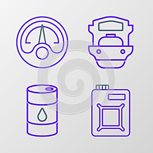 Set line Canister for motor oil, Barrel, Oil tanker ship and Motor gas gauge icon. Vector