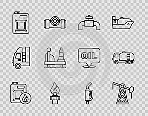 Set line Canister for motor oil, Oil pump pump jack, Metallic pipes and valve, rig with fire, platform in the sea