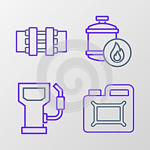 Set line Canister for motor oil, Petrol gas station, Propane tank and Metallic pipes and valve icon. Vector