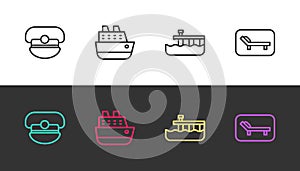 Set line Captain hat, Cruise ship, Beach pier dock and Sunbed and umbrella on black and white. Vector