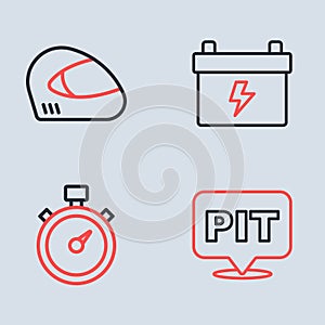 Set line Car battery, Alloy wheel for car, Pit stop and Racing helmet icon. Vector