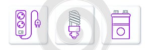 Set line Car battery, Electric extension cord and LED light bulb icon. Vector