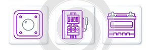 Set line Car battery, Electric light switch and Electrical panel icon. Vector