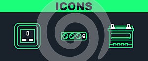 Set line Car battery, Electrical outlet and extension cord icon. Vector