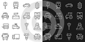 Set line Car, Cargo ship, Bus, Hatchback car, Boat with oars, Police and flasher, Parking and Tractor icon. Vector